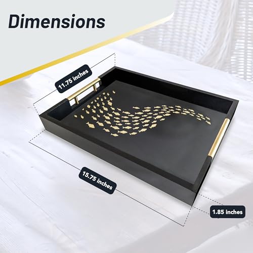 Black Serving Tray with School of Golden Fish Design Gothic Ottoman Tray, Tea and Coffee Table Tray, Jewelry Bathroom Organizer, Gift, Gloss Finish - style: Art Deco