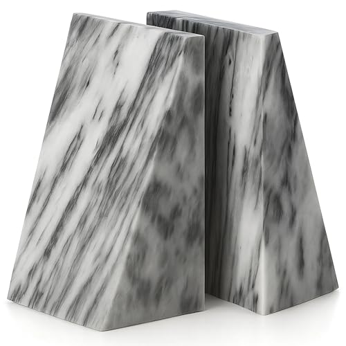 Bey-Berk Harold Carrera Marble Bookends (Grey, Set of 2), 4" x 2.5" x 6" Wedge Book Ends, 6.45 lb Solid Stone Desk and Shelf Decor - color: Gray