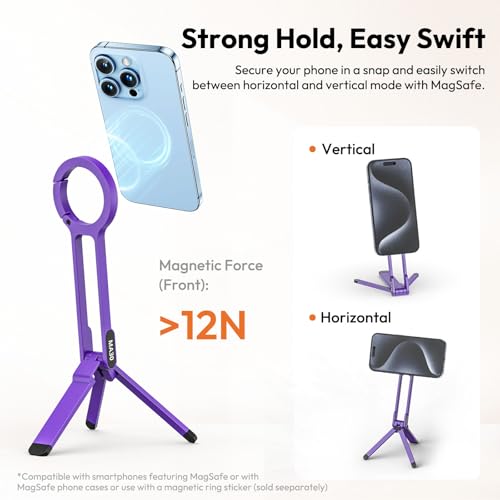 ULANZI MA30 Magnetic Phone Tripod Stand for iPhone-Aluminium Maglock Smartphone Mini Tripod Pocket Cell Phone Stand Strong Magnet Quick Mount Compatible with iPhone 17 16 15 14 13 12 Series, Purple - color: Purple