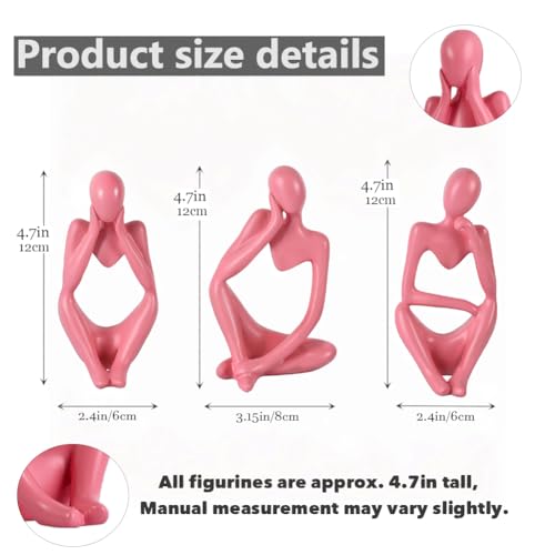 Pink Thinker Statue Set of 3 - Pink Statue Decor for Table, TV Stand, Shelf, Desk - Resin Figurines for Living Room, Minimalist Bookcase Decorative, Modern Sculpture, Home Accents - color: Pink