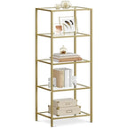VASAGLE Bookcase, 5-Tier Bookshelf, Slim Shelving Unit for Bedroom, Bathroom, Home Office, Tempered Glass, Steel Frame, Metallic Gold ULGT029A01 - color: Metallic Gold, size: 5 Tiers (15.7"W x 49"H)