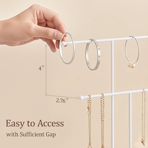 White Jewelry Holder Stand with Ceramic Tray: Small Hanging Necklace Organizer Tree for Earrings, Bracelets, Rings – Jewelry Display Hanger for Women & Girls, White - color: white tray white bar
