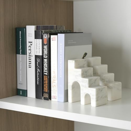 Decorative Natural Marble Book Ends for Shelves, Aesthetic Stone Bookends for Heavy Books, Unique Castle Book Holder/Stopper for Chic Home, Office, or Library Any Bookshelf Decor, Set of 2 (White) - color: Oriental Calacatta