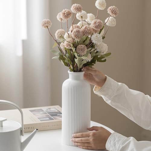 White Ribbed Ceramic Vase for Flowers, Modern Textured Decorative Vase, 10 Inch Tall, Farmhouse Style Home Decor (Matte Glaze White) - color: Matte Glaze White