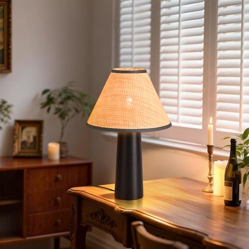 Matte Black Rattan Table Lamp for Bedroom, Modern Wicker Lamps for Bedside Nightstand, Small Table Rattan Shape Lamps for Small Spaces for Kitchen Counter, Home Office, Living Room, Kids Dorm - color: Black