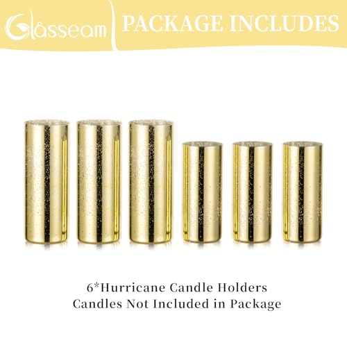 Glasseam Mercury Gold Candle Holders, Set of 6 Glass Hurricane Candle Holder, Glitter Pillar Candle Holder for Table, Modern Cylinder Vases for Centerpieces Wedding Dining Christmas Decorations