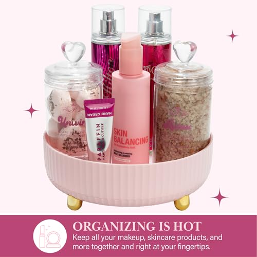 Paris Hilton 360° Rotating Makeup Organizer Tray, Large Capacity for Skincare & Beauty Essentials, Fluted Design with Gold Accents, 8.75-Inch, Pink - style: Organizer Tray