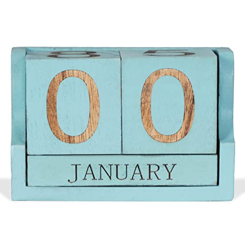 Wooden Desk Calendar,Desk Calendar Blocks for Teachers,Office Perpetual Date Block Small Home Desktop Decor Chic Vintage Month with Number Cubes Display Rustic Decoration(Ocean Blue) - color: Rustic Ocean Blue
