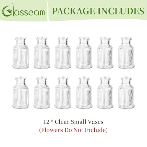 Glasseam Glass Bud Vases for Centerpieces: Clear Small Mini Flower Vase Set of 12 for Wedding Party Decorations - 3.7" Cute Tiny Bulk Table Centerpieces for Modern Baby Shower Bridal Florist Decor