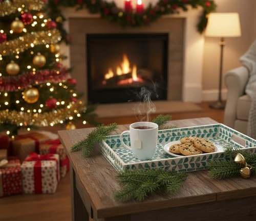 PEMAR Rectangular Mother of Pearl Serving Tray Nacre Wood Lap Ottoman Tray for Coffee Table, Luxury Decorative Handmade Eating Platters w Insert Handles (Teal Floral Pattern)