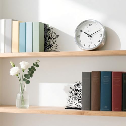 Metal Bookends Flower & Book Bookends Decorative Cute Book Ends for Shelves Bookshelf Reading Decor Bookshelf Decor Space-Saving Desk Organizer for Book Lovers Gift - style: Flower & Book Decorative Bookends