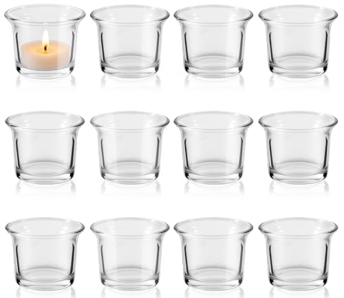 12 Pcs Clear Glass Tealight Candle Holders, Votive Candle Holders for Weddings, Parties, and Home Decor, 2.36" x 1.77" Small Glass Candle Holders for Centerpieces and Table Settings