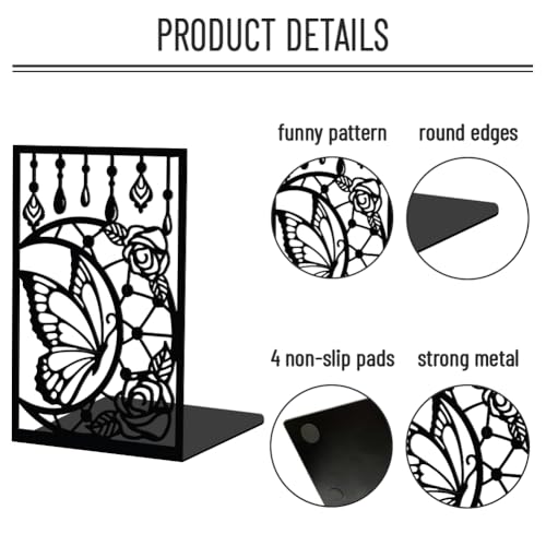 WADORN 1 Pair Moon Butterfly Rose Metal Decorative Bookend for Shelves, Heavy Duty Book Ends Modern Non-Skid Books Holder Stand Black Book Support Stoppers for Desk Bookshelf Office, 5.3x4.3x7.9 Inch - color: Moon Butterfly Rose