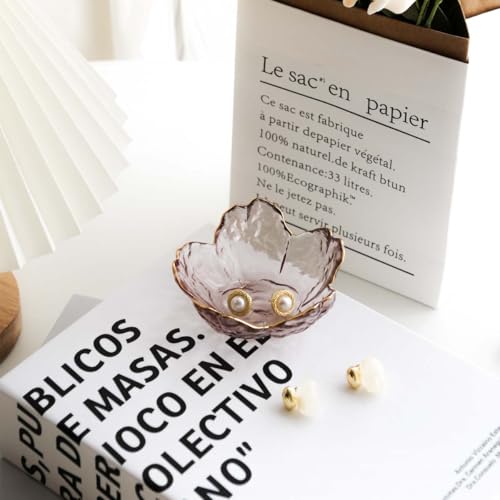 Pink Flower Jewelry Ring Dish Tray,Decorative Glass Trinket Dish,Room Decor Aesthetic, Modern Accent Tray for Vanity(Pink Gold Border) - color: Pink Gold Border