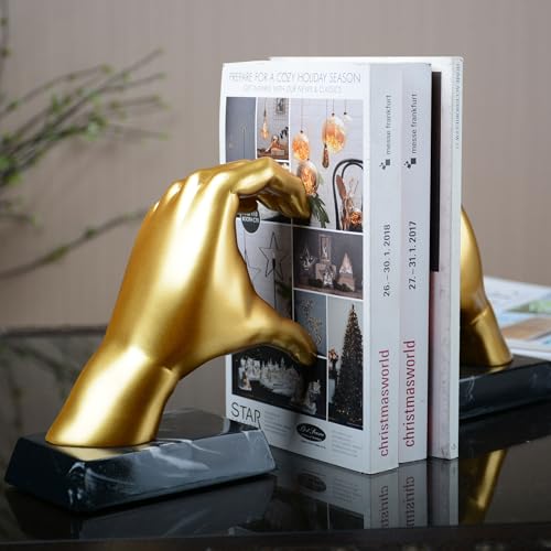 HAUCOZE Decorative Book Ends Heart Hand Statue Sculpture Modern Home Decor Table Centerpiece Gift for Office Bookshelf Gold 12.2 Inch - color: Gold