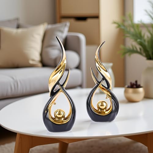 XMGZQ Gold Ceramic Abstract 2 Piece Statue Set,Mid Century Modern Abstract Art Home Decor Statue Mantelpiece on Unique Shelf Decor, TV Cabinet Divider Table top and Dining Table Centerpiece (Black) - color: Black