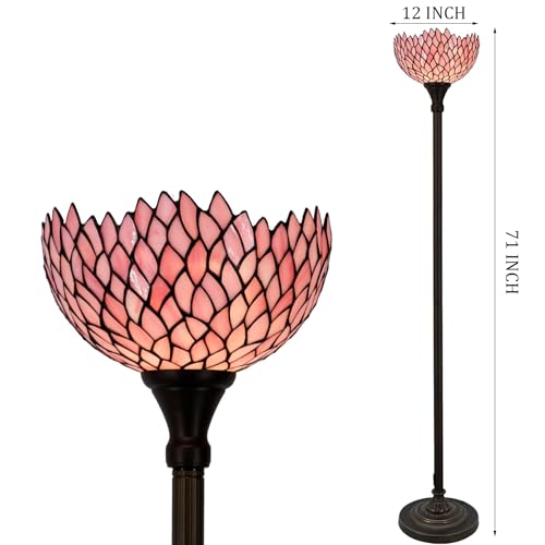 WERFACTORY Tiffany Floor Lamp Pink Stained Glass Wisteria Light 12X12X71 Inches Pole Torchiere Standing Corner Torch Uplight Decor Bedroom Living Room Home Office S523P Series