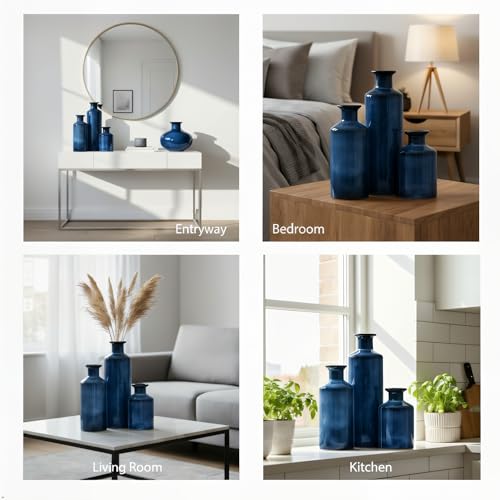 Mowtanco Blue Ceramic Vase Set of 3 Small Vases, Modern Farmhouse for Home Decor Bottles, Rustic Terracotta Vase Decorative Vases for Table,Fireplaces Decor, Bookshelf, Living Room