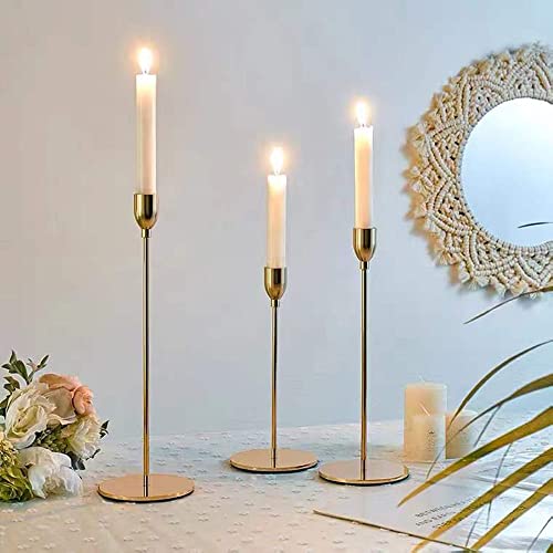 Gold Taper Candle Holder Set of 6, Brass Gold Tall Candlestick Holders, Metal Vintage Candle Stickers Long Holder Set, Pillar Decorative Candle Holder Fits 3/4 Inch Candle - color: French Gold-6 Packs