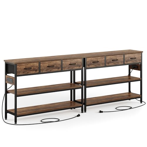 Lulive 2 Pack Entryway Tables with Power Outlets, Console Table with 3 Fabric Drawers, Sofa Table for Living Room, Hallway, Couch, Foyer, Height Adjustable - color: Rustic Brown, size: 2-Pack 43 inches