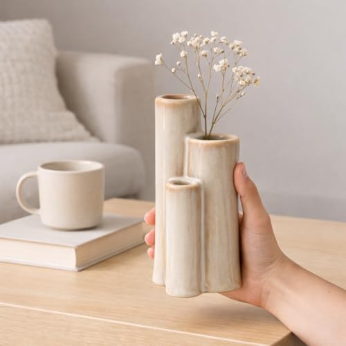 Ceramic Bud Vase, Sculptural Triple Tube Vase in Cream White for Modern Farmhouse & Minimalist Shelf Decor