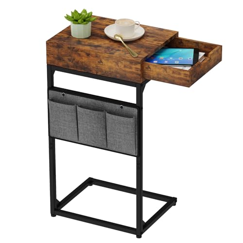 C-Shaped End Table with Drawer, Slide Under Sofa Storage Table with Metal Frame, Modern Design for Living Room, Bedroom, or Small Spaces, Vintage Brown - color: Drawer-vintage Brown, size: 1