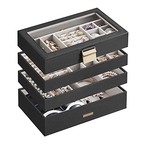 SONGMICS Stackable Jewelry Trays, 4-Tier Jewelry Box, Drawer Jewelry Organizer, with Glass Lid, Removable Dividers, for Vanity Table, 6.7 x 11 x 7.2 Inches, Gift Idea, Ink Black UJBC164B01 - color: Ink Black