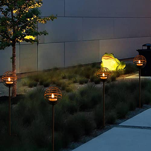 Solar Pathway Lights Outdoor, Rust Iron Ball Candle Holder Stake with Flickering Solar Powered Tea Lights, Perfect Decorative Garden Lighting for Yard Lawn Patio Landscape Decor Outside-4Pack - style: 4PK Stake Lights