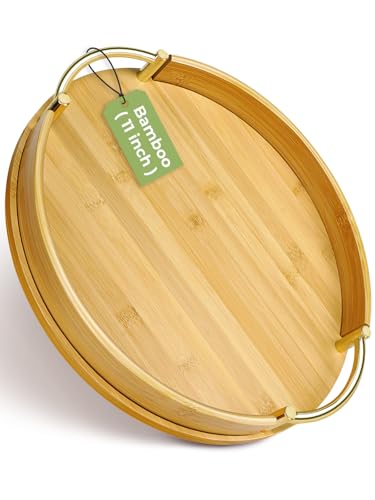 JUPELI 11.8″ Round Bamboo Serving Tray with Handles – Decorative Tray, Breakfast Tray, Coffee Table Tray, Ottoman Tray, Kitchen Platter for Drinks, Snacks, Vanity, Home Decor & Gifts - style: 1 PACK-Round-11.8"