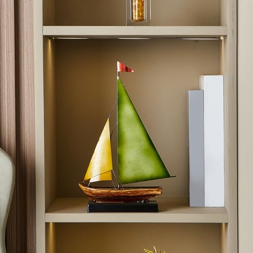 Vintage Sailboat Statue Decor for Living Room, Metal Boat Sculptures Decorations for Dining Room Office, Nautical Home Décor Accents for Shelf Bookshelf Coffee Table TV Stand (Yellow and Green) - color: Yellow and Green