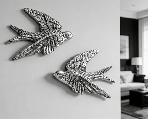 AMOIENSIS Bird Wall Sculpture Art, (Set of 2) 4¾ inch Resin Metallic Silver Bird 3D Sculpted Floating Hanging Wall Sculpture Decoration - color: Metallic Silver