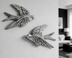 AMOIENSIS Bird Wall Sculpture Art, (Set of 2) 4¾ inch Resin Metallic Silver Bird 3D Sculpted Floating Hanging Wall Sculpture Decoration - color: Metallic Silver