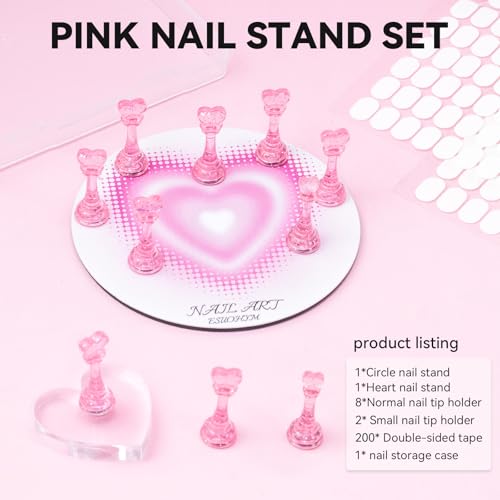 Nail Stands for Press On Nails Painting Display Practice, Powerful Magnetic Nail Tip Holders for Diy Design, Heart Nail Art Stand with 200 PCS Double-Sided Tapes Home Salon Use - color: Pink, size: Medium