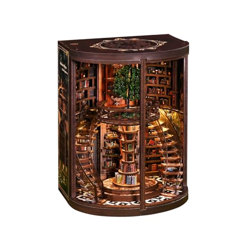Book Nook Kit for Adults & Teens – DIY Miniature House Library, Wisdom Ring Library 3D Wooden Puzzle Bookend Bookshelf Insert with LED Light, Dollhouse Craft Kit for Decor & Gifts