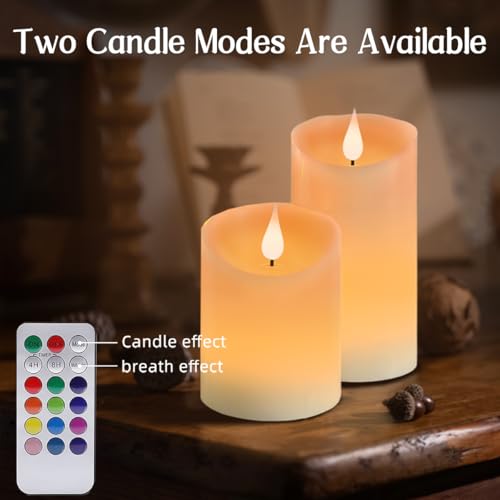 Flameless Candle RGB Set, Flickering LED Pillar Real Wax Candle with Remote Control and Timer, Upgraded Blue Flame Heart, Built-in Battery Rechargeable Flameless Candle, 1 Set of 3 - color: Rechargeable-Color RGB