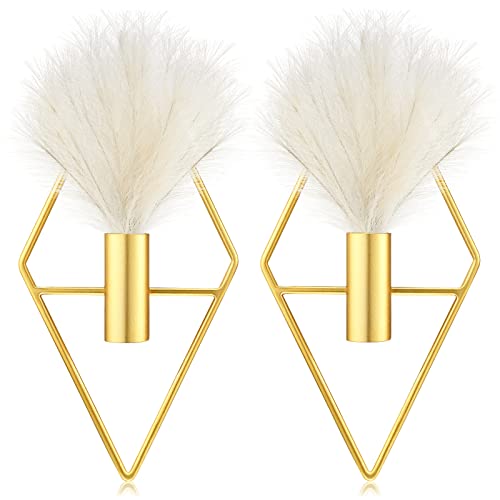 Peryiter 2 Pcs Boho Wall Decor Metal Gold Wall Art Hanging Planters with Artificial Pampas Modern Home Decor Display Art for Living Room Bedroom Bathroom(Rhombus) - style: Rhombus