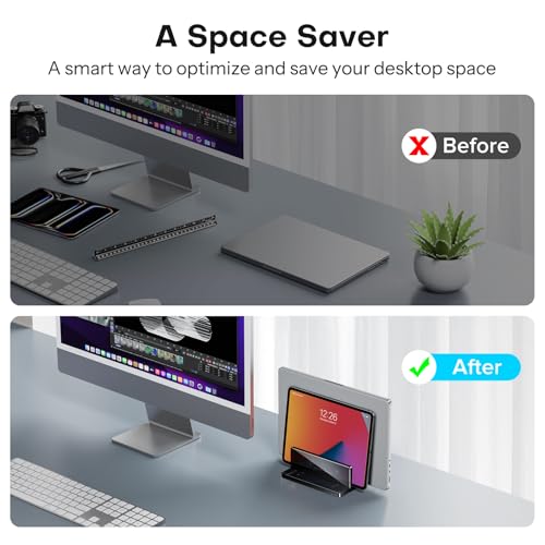 OMOTON Vertical Laptop Stand for Desk, Acrylic Laptop Holder Desktop Clear Adjustable Dock for MacBook Pro Air, HP, All Gaming Laptops up to 17” (Black, Dual Slot) - size: Dual-Black
