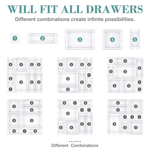 StorMiracle 16 PCS Drawer Organizer Set, 5 Varied Size Bathroom and kitchen Drawer cabinet organizer Trays, Clear Storage Bins for Makeup, Jewelry, Utensils and Gadgets - color: Clear, size: 16 PCS