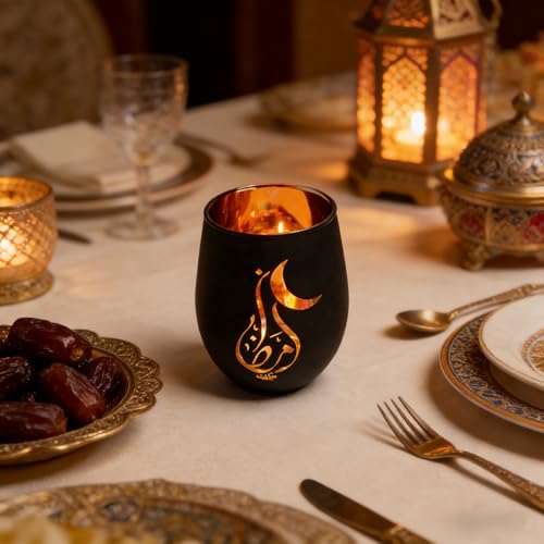 Black and Gold Ramadan Decorations for Home, Artistic Calligraphy Glass Tealight Candle Holder, 4.72" Eid Mubarak Table Decor, Luxury Islamic Votive Gift for Ramadan Kareem, Iftar Centerpiece