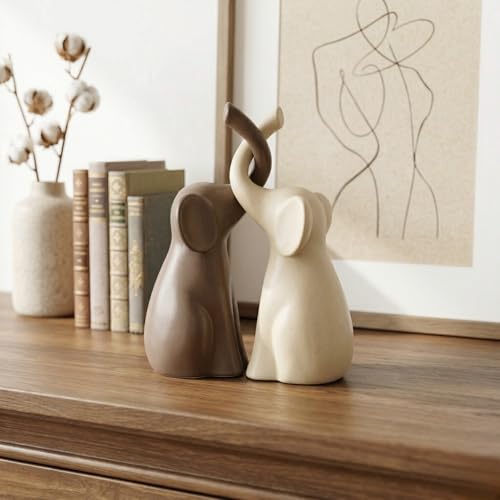 Loving Elephant Couple Figurines – Set of 2 Modern Ceramic Elephant Sculptures in Ivory & Brown, Minimalist Home Decor for Shelves & Tables, 8.27” Tall