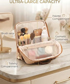 Large Standing Makeup Bag, Sturdy PU Leather Cosmetic Organizer with Fold-Down Phone Tray, Waterproof Travel Toiletry Case with Wipeable TPU Brush Holder, 9.5 Inch, Brown - color: Brown