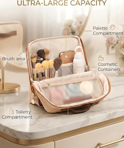 Large Standing Makeup Bag, Sturdy PU Leather Cosmetic Organizer with Fold-Down Phone Tray, Waterproof Travel Toiletry Case with Wipeable TPU Brush Holder, 9.5 Inch, Brown - color: Brown