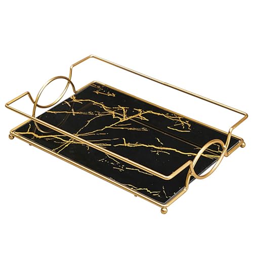 Vanity Tray Luxury Bathroom Counter Tray Glass Perfume Organizer Holder Cosmetics Makeup Skincare Display Decorative Vanity Trays for Bathroom Dresser Bedroom (Black Gold, L) - color: Black Gold-large