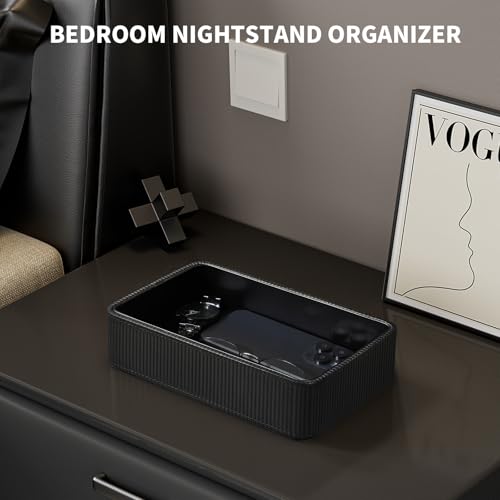 PU Leather Valet Tray Organizer, Small Nightstand Organizer Bedside Desktop Storage for Womens and Men, Perfume Trinket Catchall Vanity Tray for Key Watch Wallet (Black, Rectangular) - color: Black