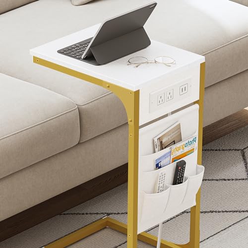 TUTOTAK C Shaped End Table with Charging Station, Side Table for Sofa, Couch Table with Storage Bag, Set of 2, TV Tray Table with 2 USB Ports and Outlets for Living Room, Bedroom, TB01BWG0242 - color: White and Gold, size: 2 Pack (11.8"W), style: With Plu