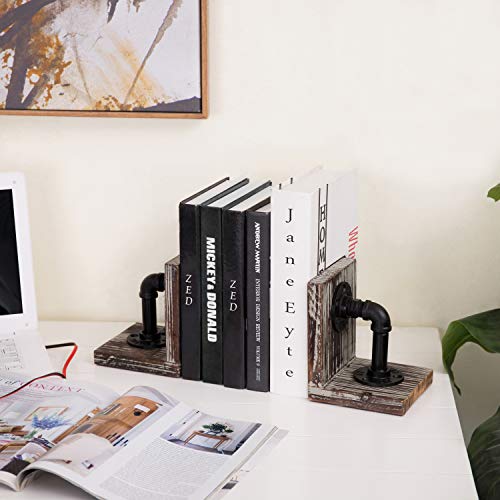 MyGift Decorative Bookends, Office Book Ends for Shelf, Book Holder L-Shaped Stand Desktop, Solid Torched Wood with Realistic Industrial Pipe Design - color: Torched Wood