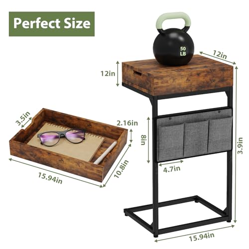 C-Shaped End Table with Drawer, Slide Under Sofa Storage Table with Metal Frame, Modern Design for Living Room, Bedroom, or Small Spaces, Vintage Brown - color: Drawer-vintage Brown, size: 1