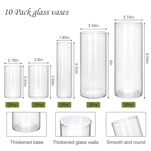 Brajttt Glass Cylinder Vase,10 Pack Glass Flower Vases,Hurricane Floating Candle Vases for Centerpieces Tables,Tall Cylinder Clear Vase for Centerpieces Wedding Party Home Décor