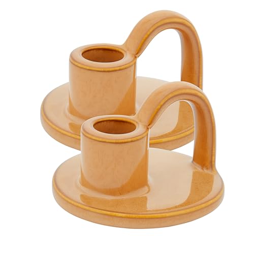 Ceramic Taper Candle Holders with Handle (Set of 2) – Tall Candlestick Holders for Table Decor Centerpieces, Rustic Home Décor, and Dinner Table Styling Tan - color: Tan