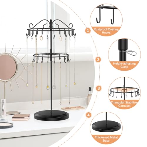iDavosic.ly 2 Tier Rotating Necklace Holder Organizer with 42 Hooks, Adjustable Metal Bracelet Display Stand Rack, Extra Tall Keychain Spinning Tree Tower for Women, Black - color: Black